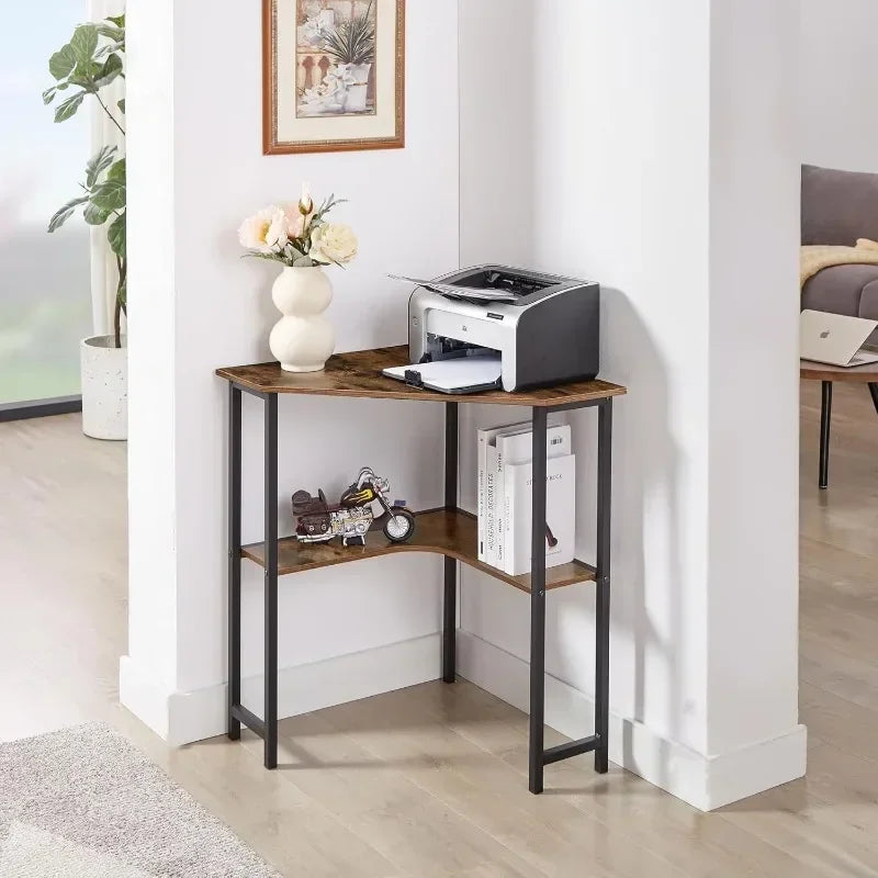 Small Corner Computer Desk 33 x 23 inches with Storage Shelves for Small Spaces,Triangular Shape,Brown