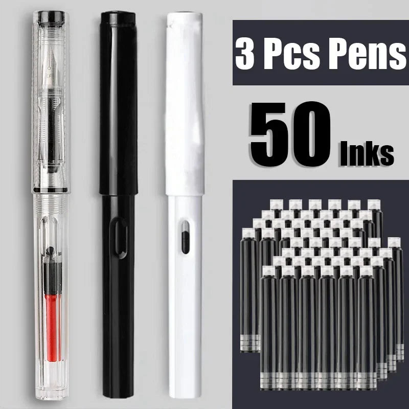 53Pcs Fountain Pen Replaceable Ink Set Black/Blue/Red ink EF School Pens Office Supplies Stationery for Writing Calligraphy Pen