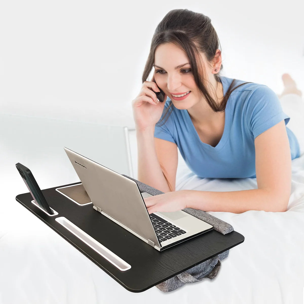 MUMUCC Portable Bed Table For Laptop Folding With Foldable Cushion,Handle,Slot And Mouse Pad, Wooden Gaming Desk