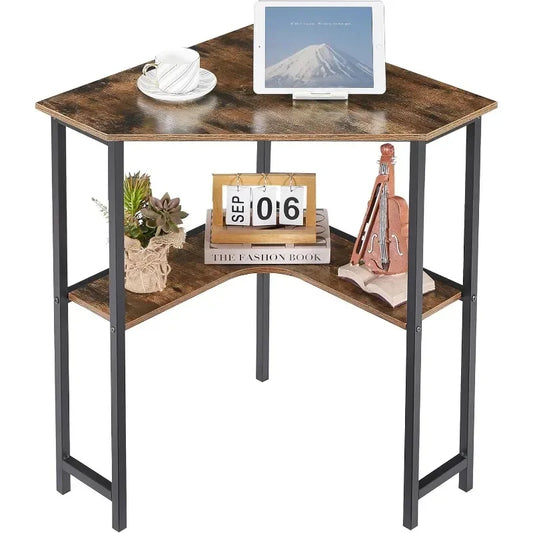 Small Corner Computer Desk 33 x 23 inches with Storage Shelves for Small Spaces,Triangular Shape,Brown