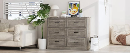 Dresser for Bedroom, 6 Drawer Wide Dresser Organizer with Charging Station, Dresser for Hallway, Wood Dresser with Metal Handles