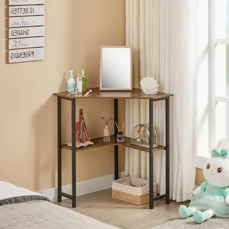 Small Corner Computer Desk 33 x 23 inches with Storage Shelves for Small Spaces,Triangular Shape,Brown