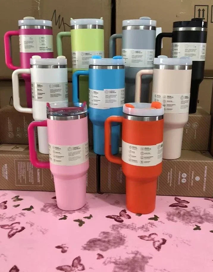 New Style Tumbler with Handle & Straw 40 oz Twist On 3Way Lid Cupholder Compatible for Travel Insulated Stainless Steel Cup