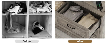 Dresser for Bedroom, 6 Drawer Wide Dresser Organizer with Charging Station, Dresser for Hallway, Wood Dresser with Metal Handles
