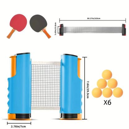 Portable Table Tennis Training Set, Includes Blue Retractable Ball Net, 2 Table Tennis Rackets, and 3 Table Tennis Balls