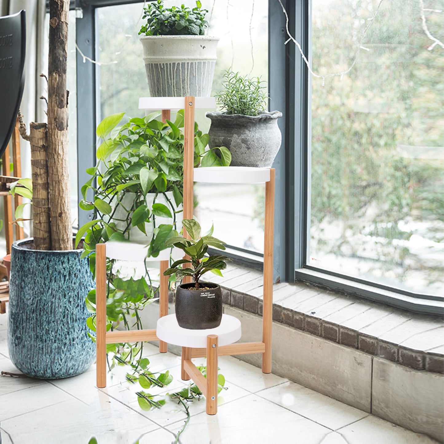 4 Tier Plant Display Shelf Stand Bamboo Plant Pot Holder Tall Flower Stand Rack
