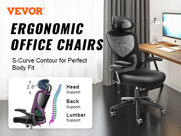 VEVOR Ergonomic Office Chair with Slide Seat/ Mesh Seat/ Adjustable Lumbar Support Angle and Height Adjustable Home Office Chair
